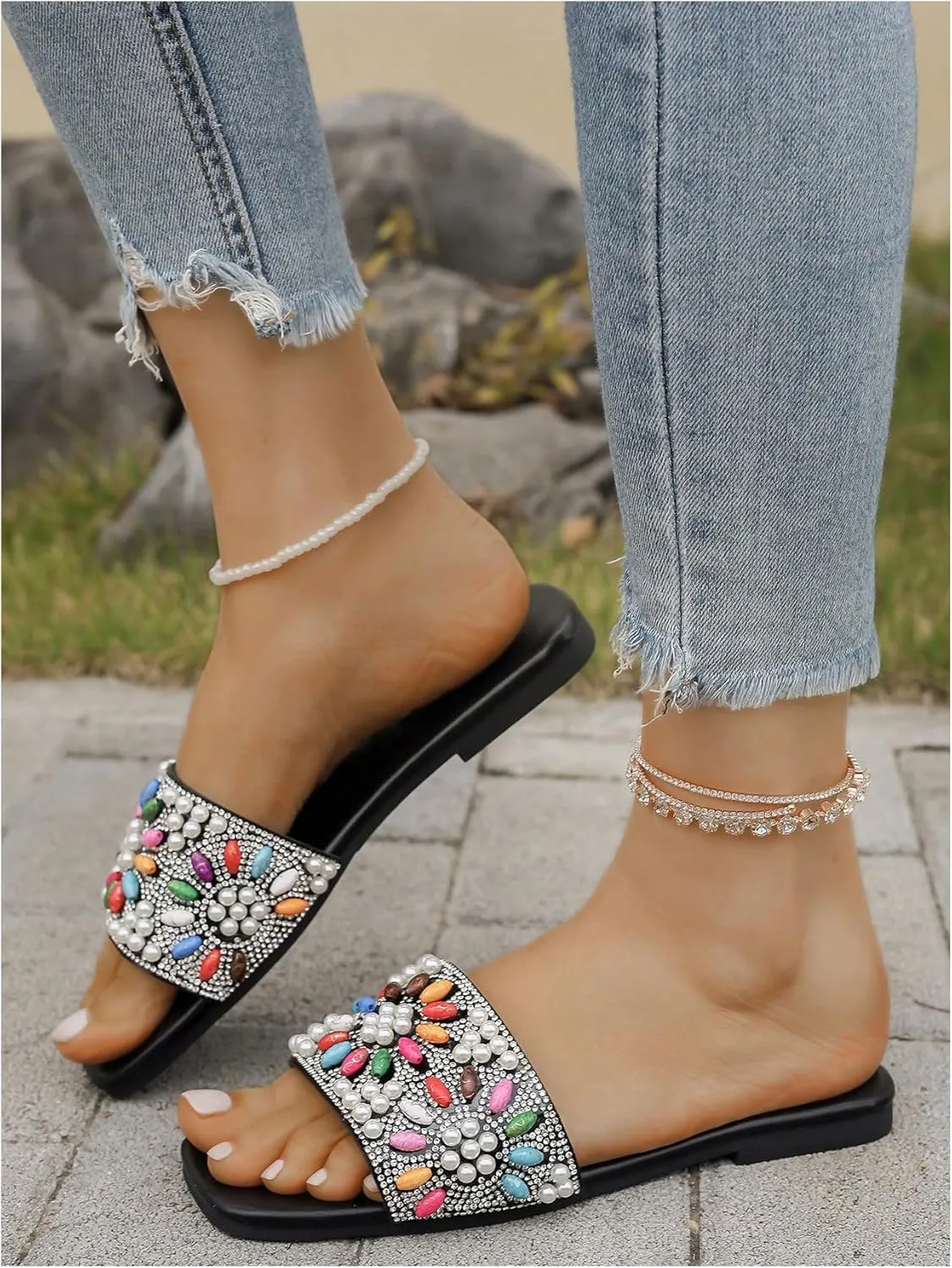 Women's Colorful Rhinestone Peal Beaded Flat Sandals Open Toe Slippers Sandal for Summer Daily Party