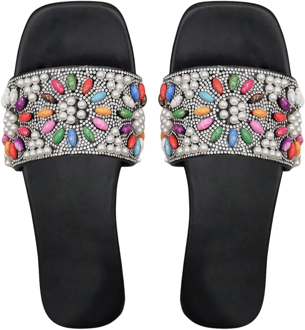 Women's Colorful Rhinestone Peal Beaded Flat Sandals Open Toe Slippers Sandal for Summer Daily Party