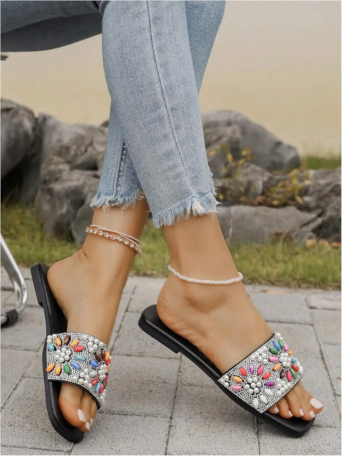 Women's Colorful Rhinestone Peal Beaded Flat Sandals Open Toe Slippers Sandal for Summer Daily Party