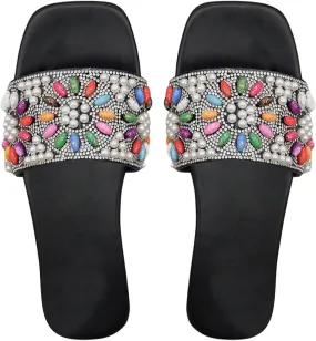 Women's Colorful Rhinestone Peal Beaded Flat Sandals Open Toe Slippers Sandal for Summer Daily Party