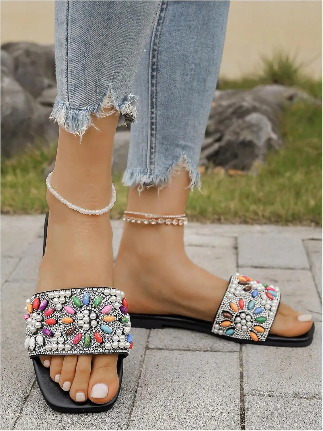Women's Colorful Rhinestone Peal Beaded Flat Sandals Open Toe Slippers Sandal for Summer Daily Party