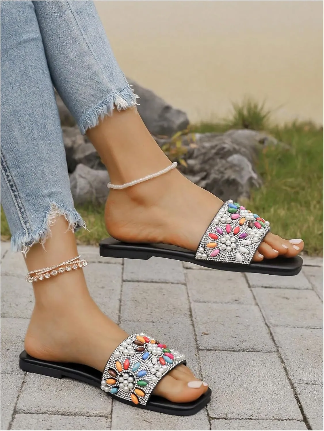 Women's Colorful Rhinestone Peal Beaded Flat Sandals Open Toe Slippers Sandal for Summer Daily Party
