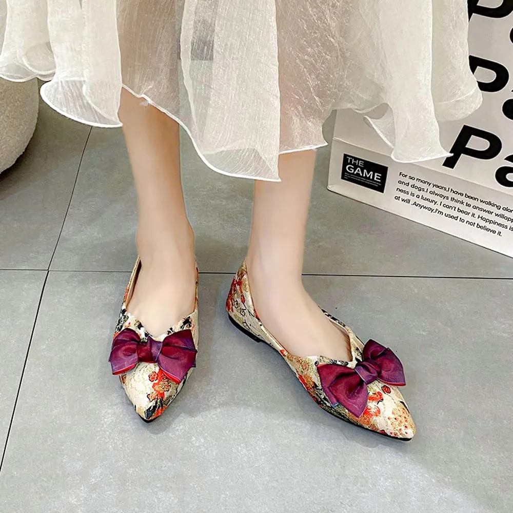 Women's Dress Comfort Marry Jane Flats Pointed Toe Bow Embroidered Shoes Work Casual Slip-On Shoe