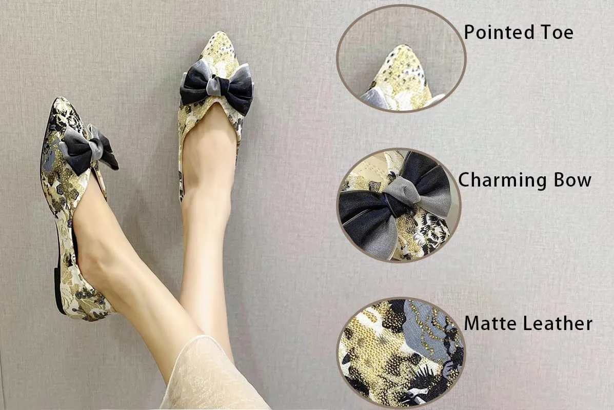 Women's Dress Comfort Marry Jane Flats Pointed Toe Bow Embroidered Shoes Work Casual Slip-On Shoe