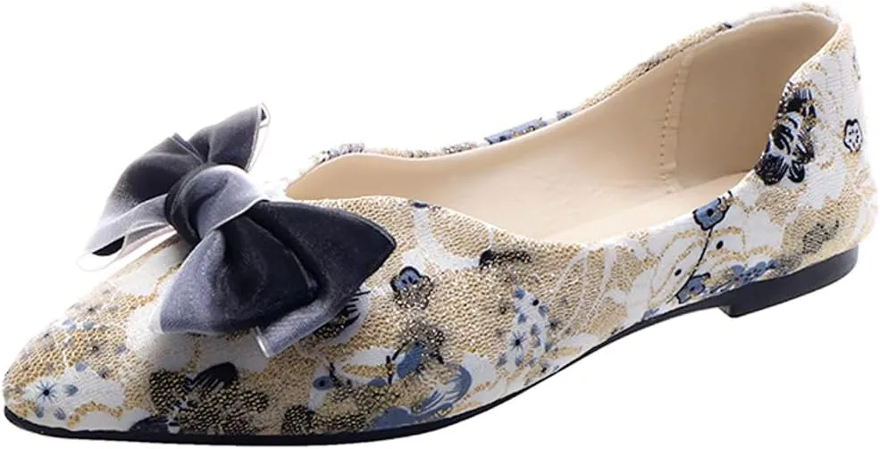 Women's Dress Comfort Marry Jane Flats Pointed Toe Bow Embroidered Shoes Work Casual Slip-On Shoe
