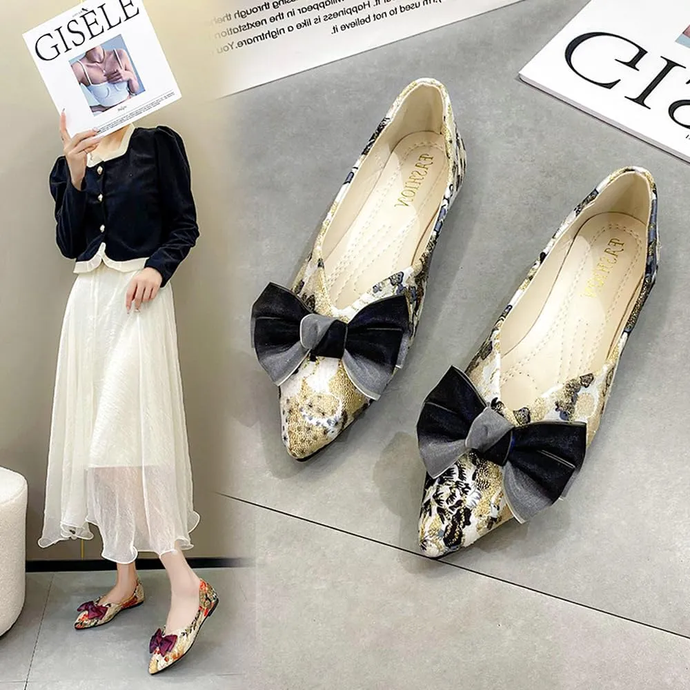 Women's Dress Comfort Marry Jane Flats Pointed Toe Bow Embroidered Shoes Work Casual Slip-On Shoe