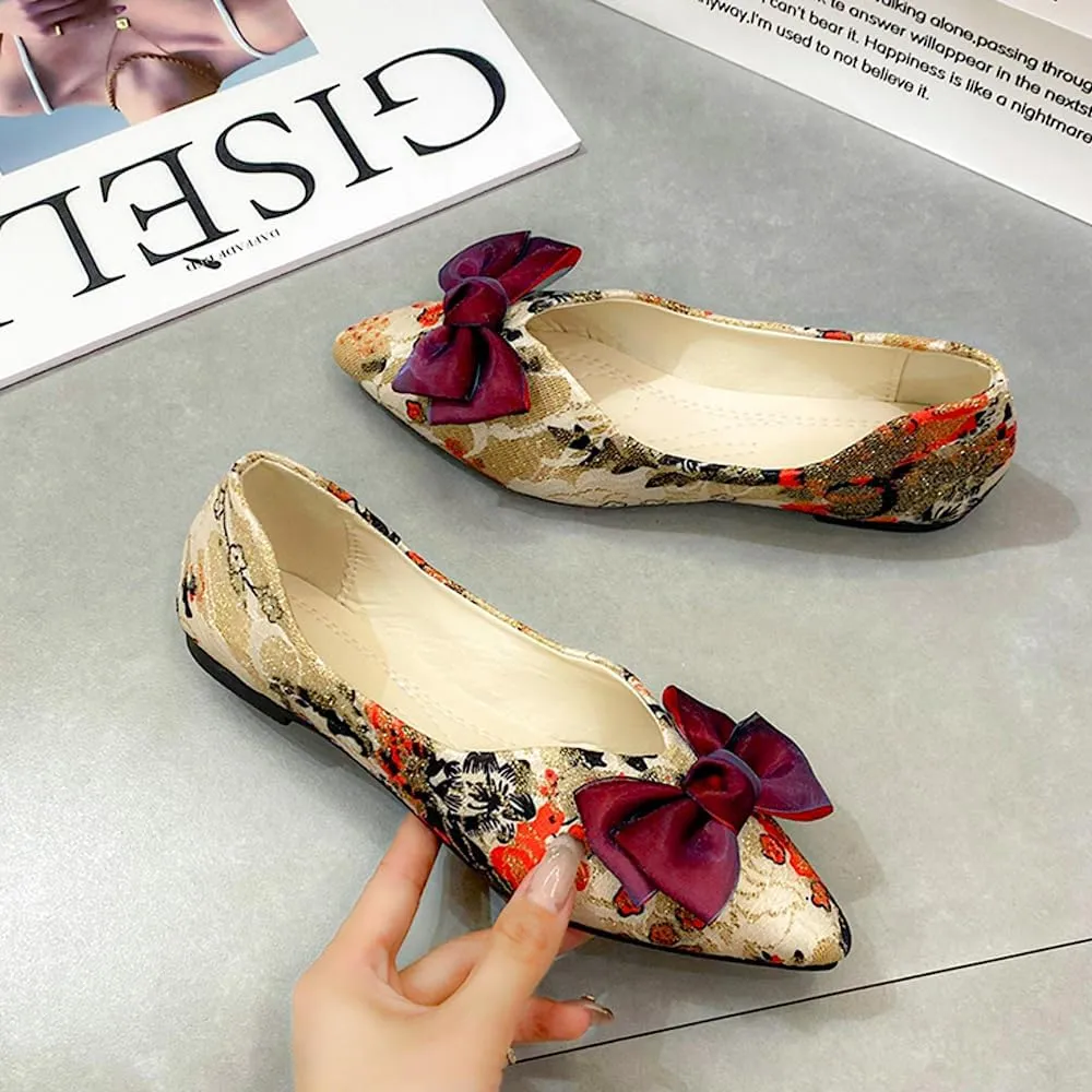 Women's Dress Comfort Marry Jane Flats Pointed Toe Bow Embroidered Shoes Work Casual Slip-On Shoe