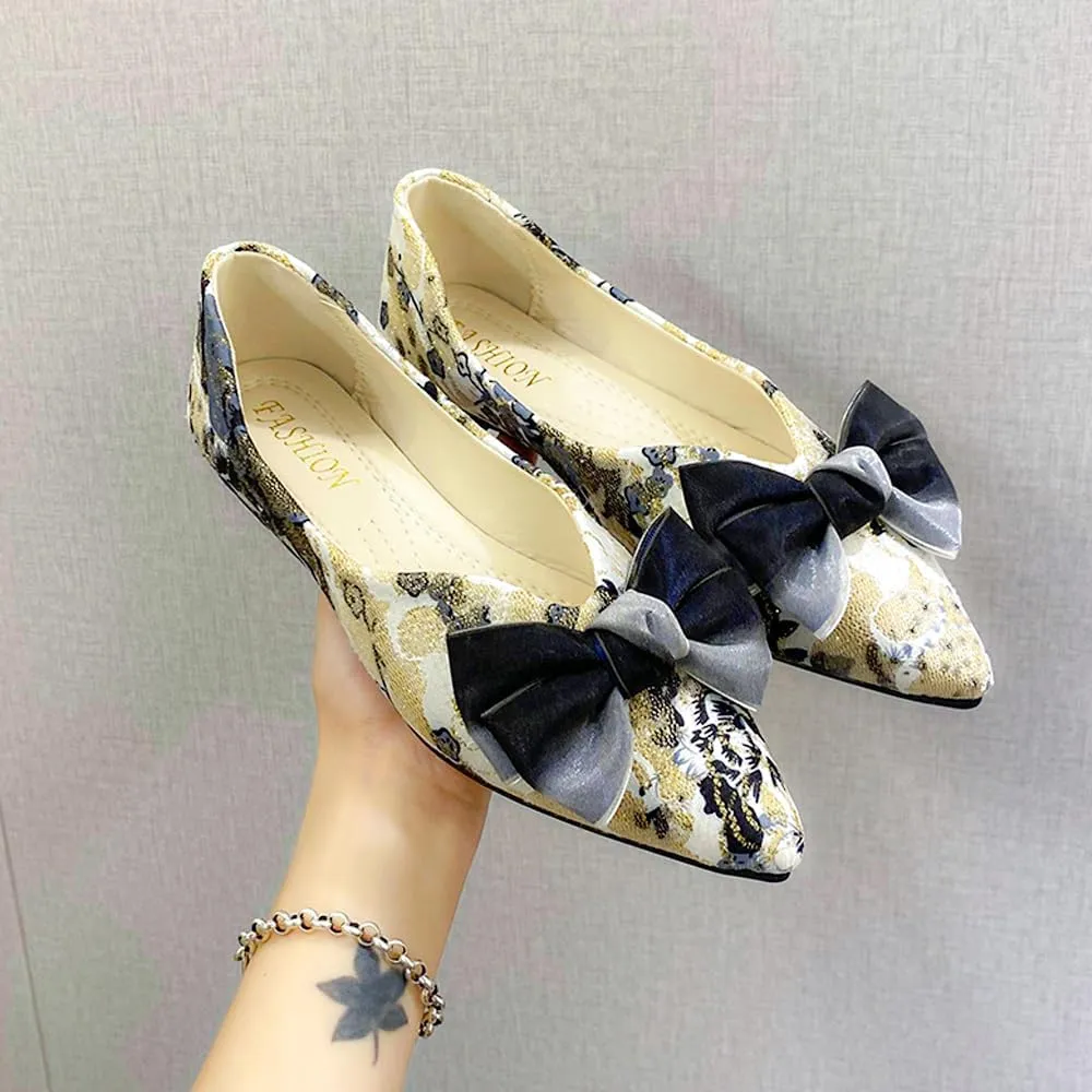 Women's Dress Comfort Marry Jane Flats Pointed Toe Bow Embroidered Shoes Work Casual Slip-On Shoe