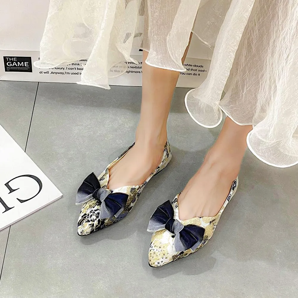 Women's Dress Comfort Marry Jane Flats Pointed Toe Bow Embroidered Shoes Work Casual Slip-On Shoe