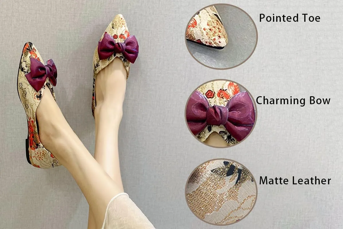 Women's Dress Comfort Marry Jane Flats Pointed Toe Bow Embroidered Shoes Work Casual Slip-On Shoe