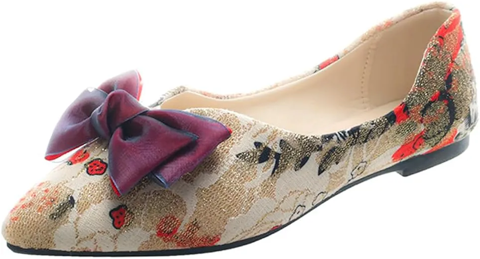 Women's Dress Comfort Marry Jane Flats Pointed Toe Bow Embroidered Shoes Work Casual Slip-On Shoe