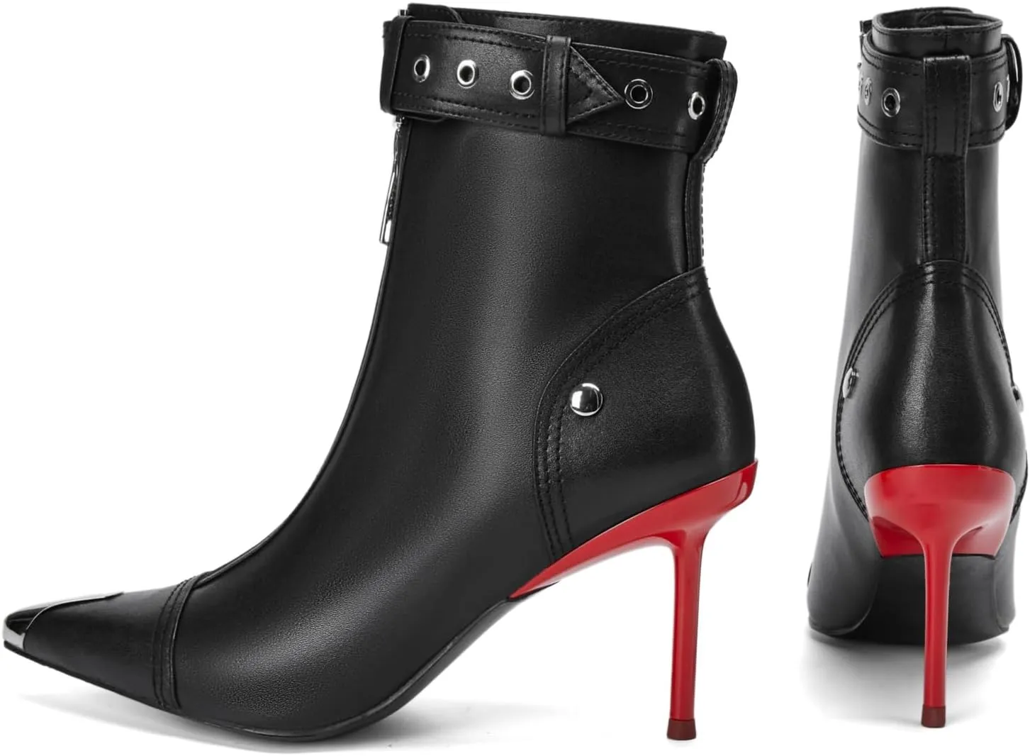 Women's Fashion Metal Pointed Toe Heel Boots Sexy Zip Ankle Stilettos Booties with Strap Buckle Party Dress High Heels for Women