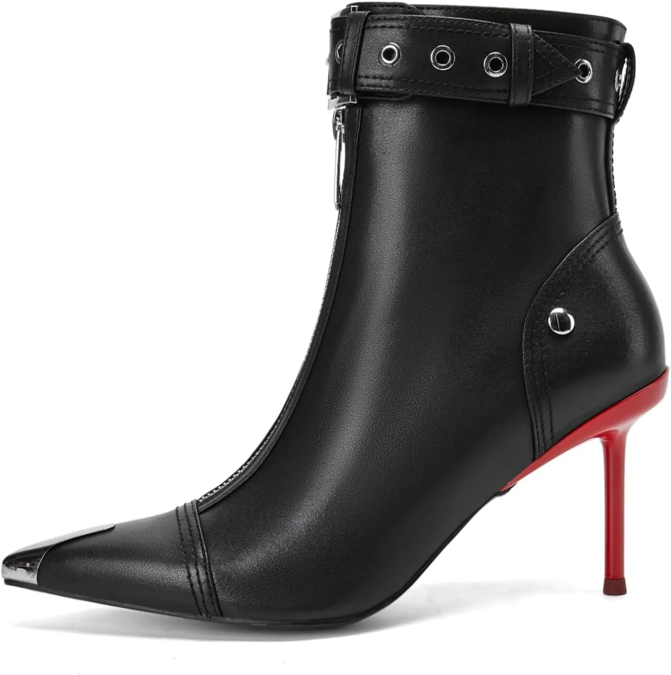 Women's Fashion Metal Pointed Toe Heel Boots Sexy Zip Ankle Stilettos Booties with Strap Buckle Party Dress High Heels for Women