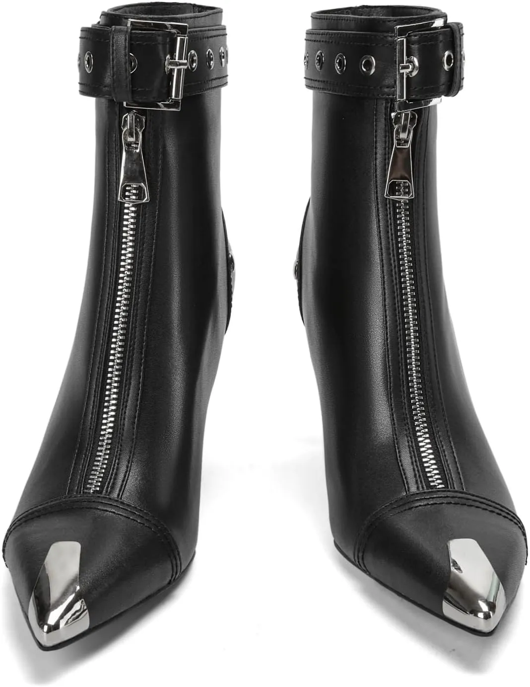Women's Fashion Metal Pointed Toe Heel Boots Sexy Zip Ankle Stilettos Booties with Strap Buckle Party Dress High Heels for Women