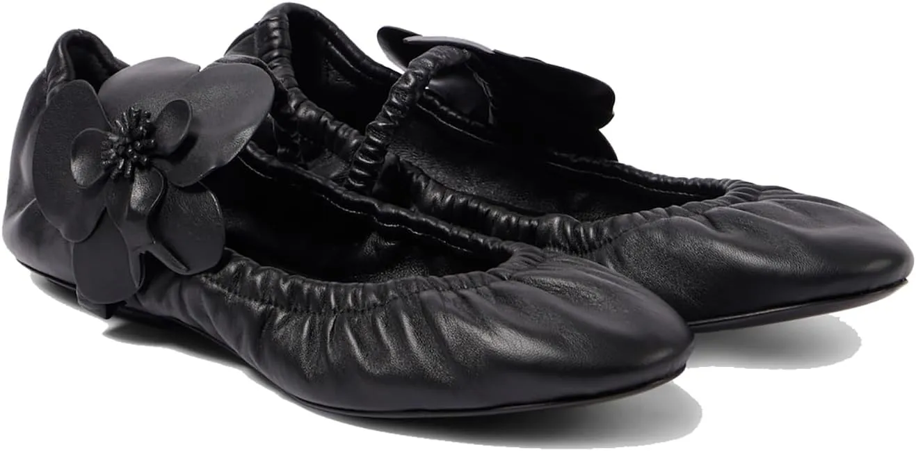 Women's Floral Leather Ballet Flats - Comfortable Round Toe Elastic Strap Foldable Mary Jane Shoes for Casual Office, Work, or Daily Wear Flowers Ballerina Shoes