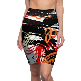 Womens Pencil Skirt, High Waist Stretch, Trio Black/Red White