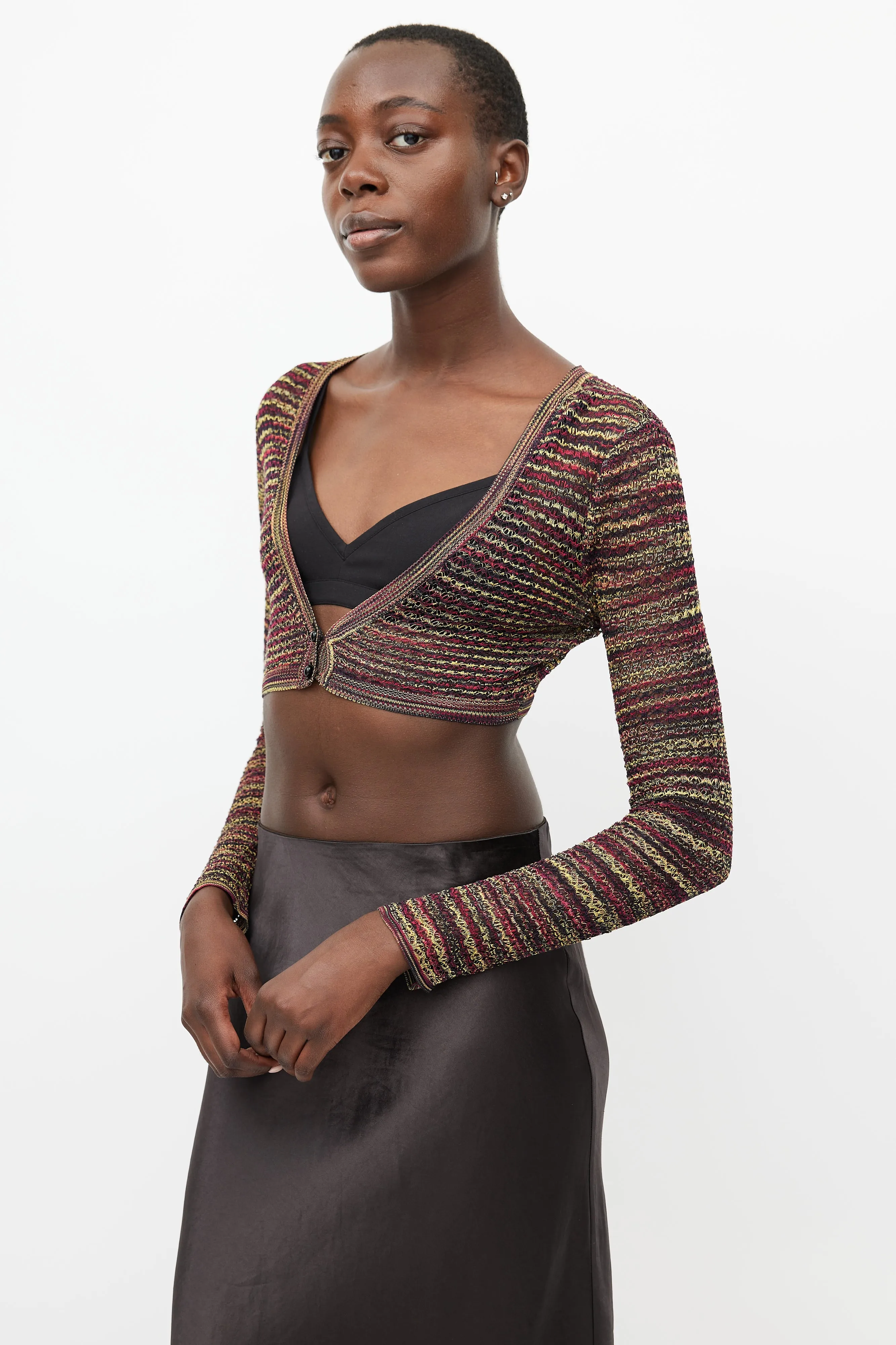 Yellow & Multicolour Knit Cropped Cardigan