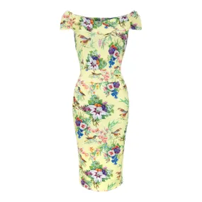 Yellow Bird & Floral Print Bardot Wiggle Dress With Cap Sleeves & Crossover Top