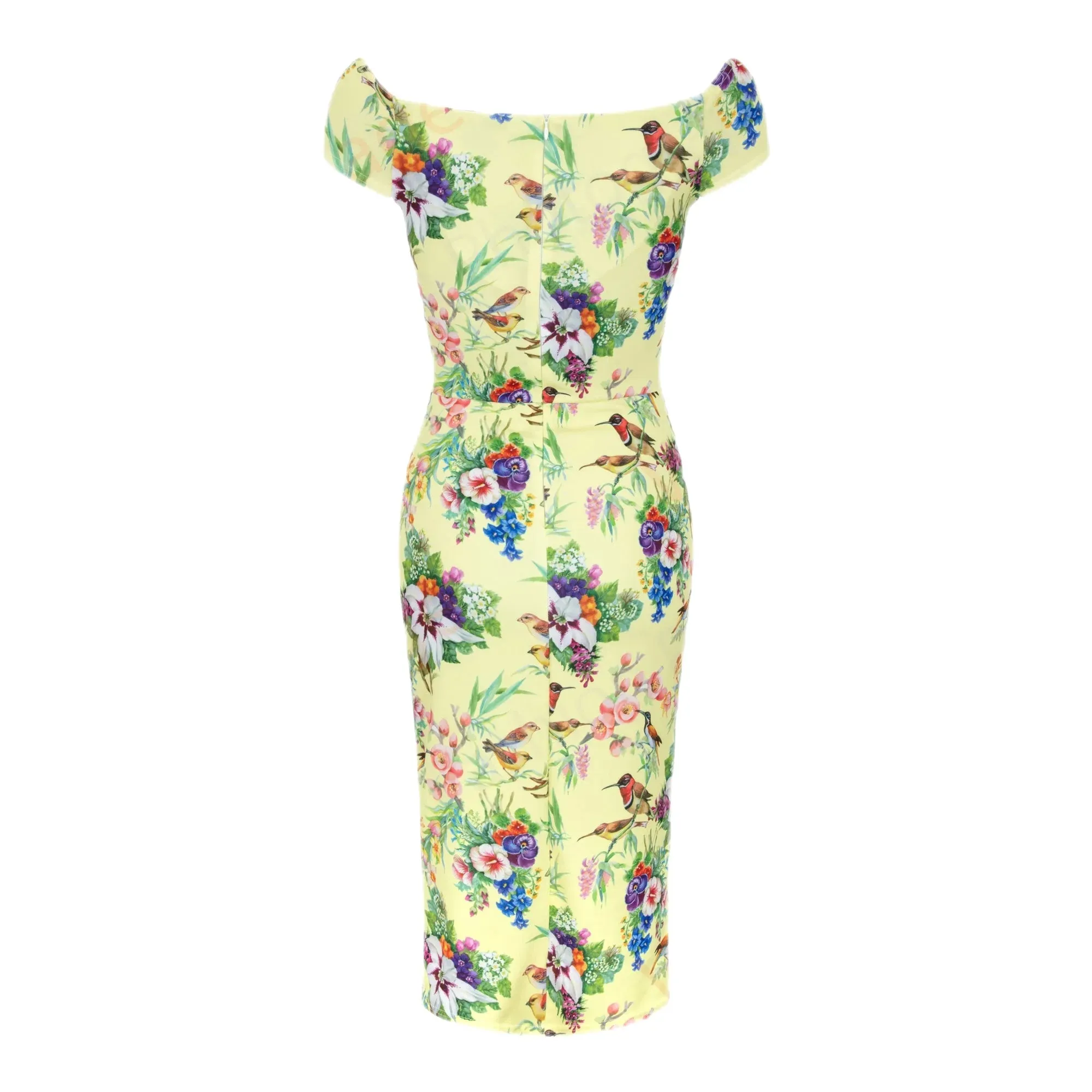Yellow Bird & Floral Print Bardot Wiggle Dress With Cap Sleeves & Crossover Top