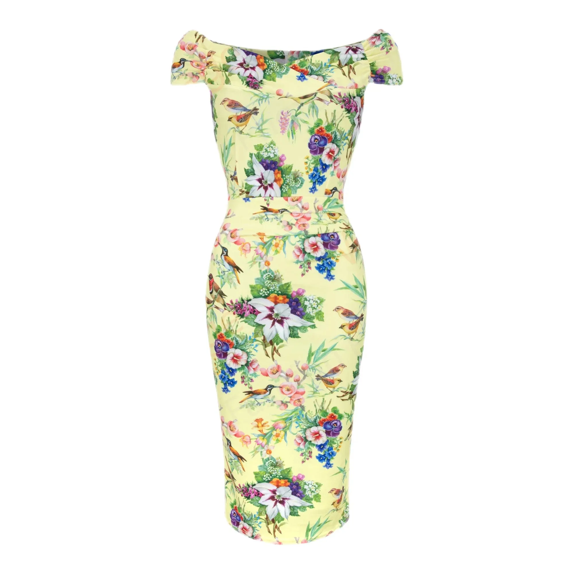 Yellow Bird & Floral Print Bardot Wiggle Dress With Cap Sleeves & Crossover Top